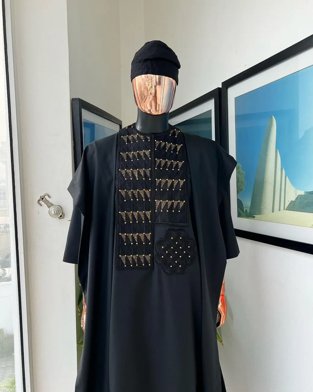 A Charcoal black, separated square in triangle embroidery details agbada