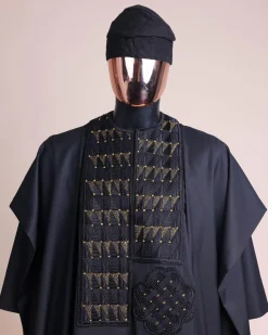 A Charcoal black, separated square in triangle embroidery details agbada