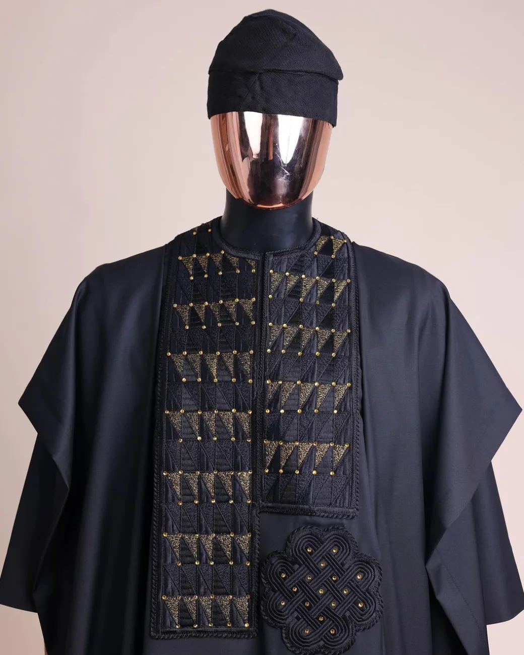 A Charcoal black, separated square in triangle embroidery details agbada