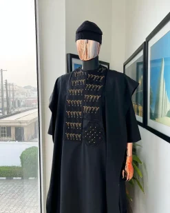 A Charcoal black, separated square in triangle embroidery details agbada