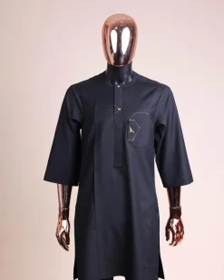 A Charcoal black, separated square in triangle embroidery details agbada