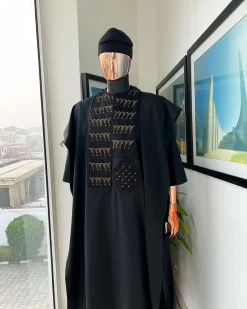 A Charcoal black, separated square in triangle embroidery details agbada