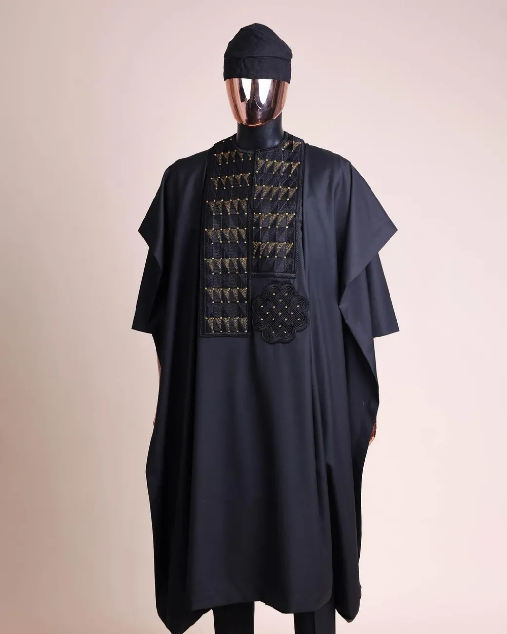 A Charcoal black, separated square in triangle embroidery details agbada