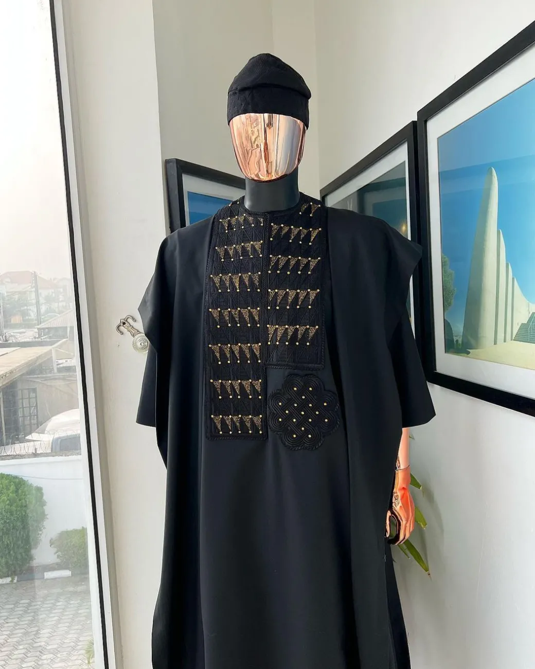 A Charcoal black, separated square in triangle embroidery details agbada