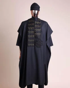 A Charcoal black, separated square in triangle embroidery details agbada