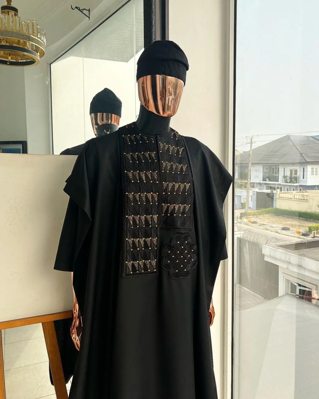 A Charcoal black, separated square in triangle embroidery details agbada