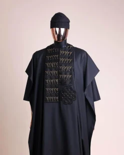 A Charcoal black, separated square in triangle embroidery details agbada