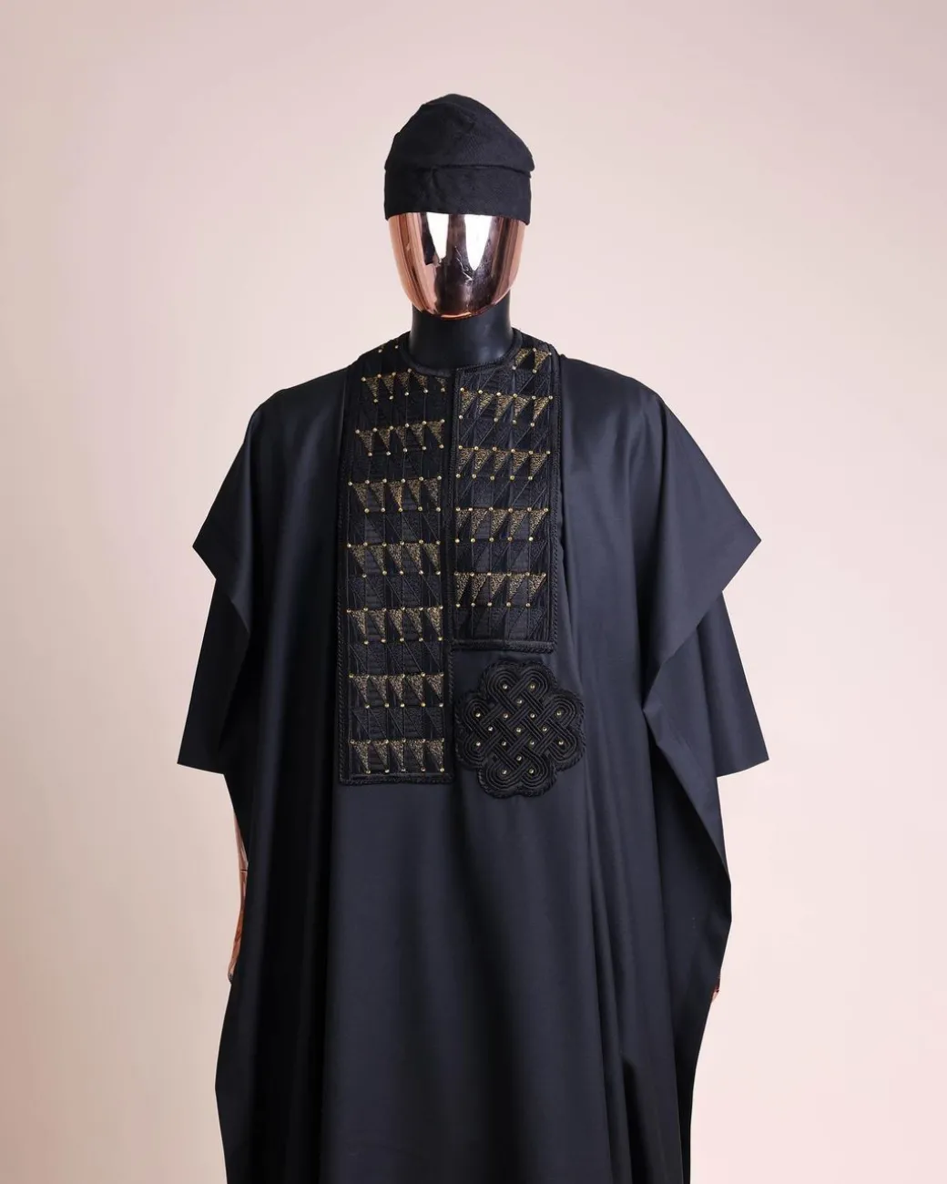 A Charcoal black, separated square in triangle embroidery details agbada