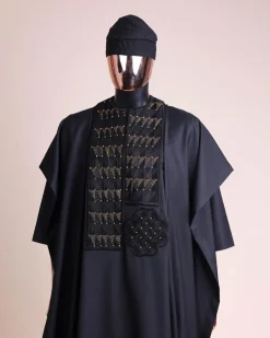 A Charcoal black, separated square in triangle embroidery details agbada