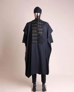A Charcoal black, separated square in triangle embroidery details agbada
