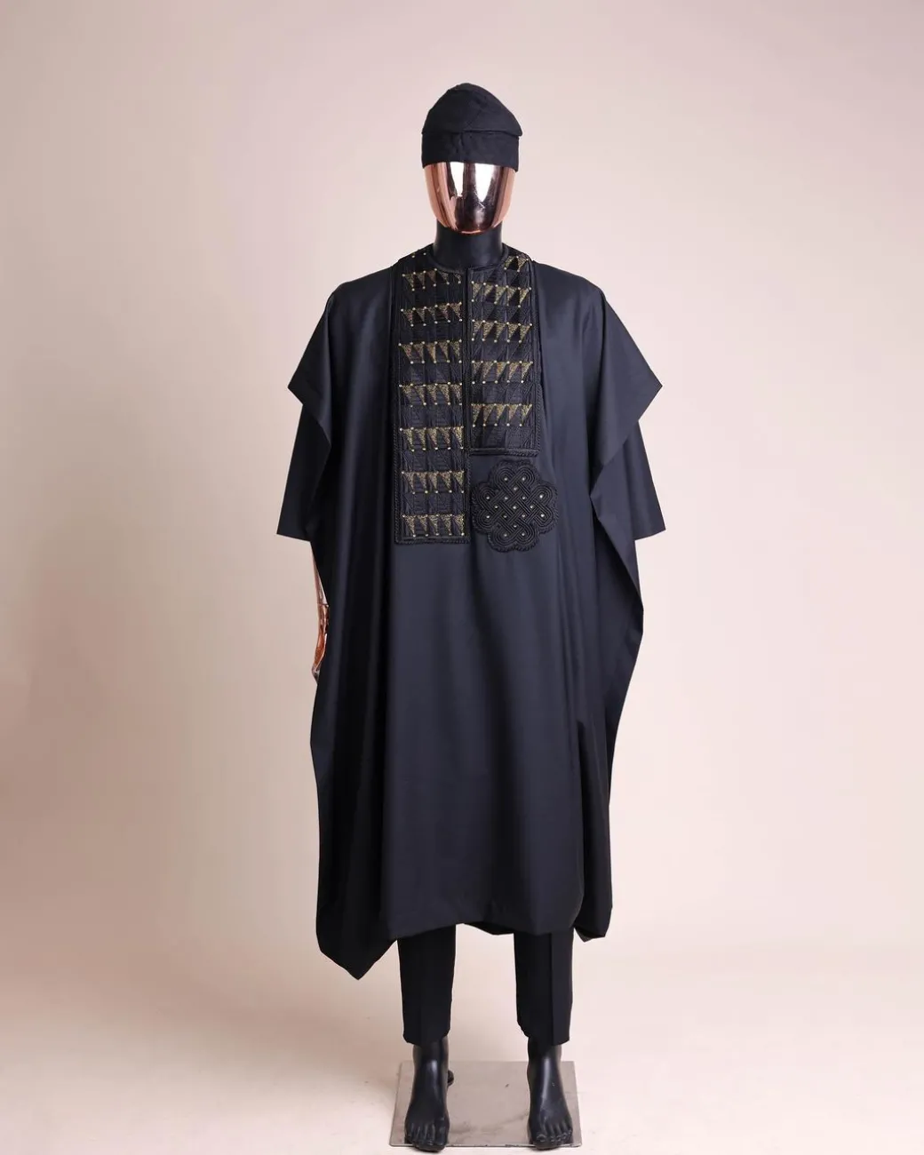 A Charcoal black, separated square in triangle embroidery details agbada