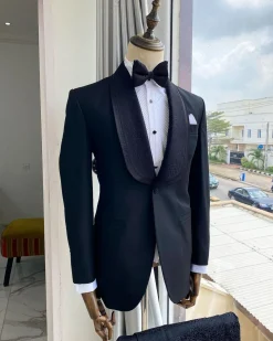A Charcoal black Shawl lapel tuxedo suit with black jacquard detailing