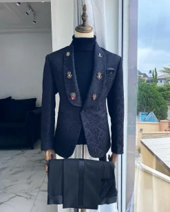 A Charcoal Black Shawl Lapel Jacquard Tuxedo Suit