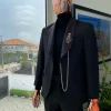 A Charcoal Black shawl lapel Suit, hand embroidery Indian badge detailing