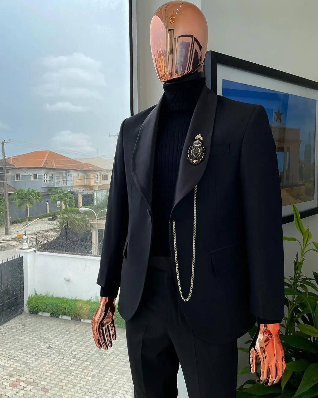 A Charcoal Black shawl lapel Suit, hand embroidery Indian badge detailing