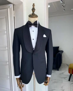 A Charcoal black Shawl lapel tuxedo suit with black jacquard detailing