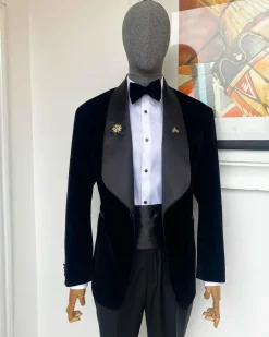A Charcoal Black Shawl Lapel Soaked Italian Velvet Tuxedo Suit