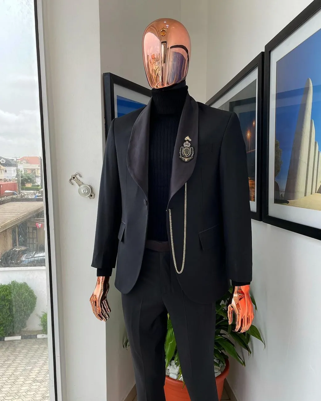 A Charcoal Black shawl lapel Suit, hand embroidery Indian badge detailing