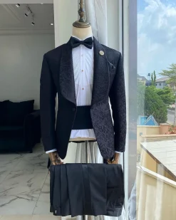 A Charcoal Black Shawl Lapel Jacquard Tuxedo Suit