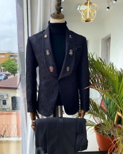 A Charcoal Black Shawl Lapel Jacquard Tuxedo Suit