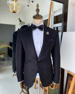 A Charcoal Black Shawl Lapel Jacquard Tuxedo Suit