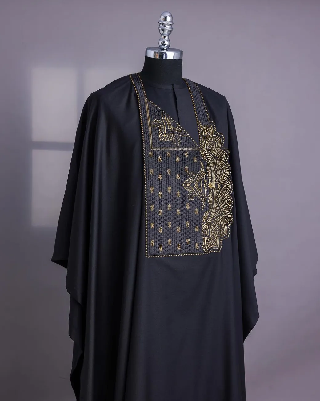 A Charcoal Black, Side Pagoda Embroidery Details Agbada