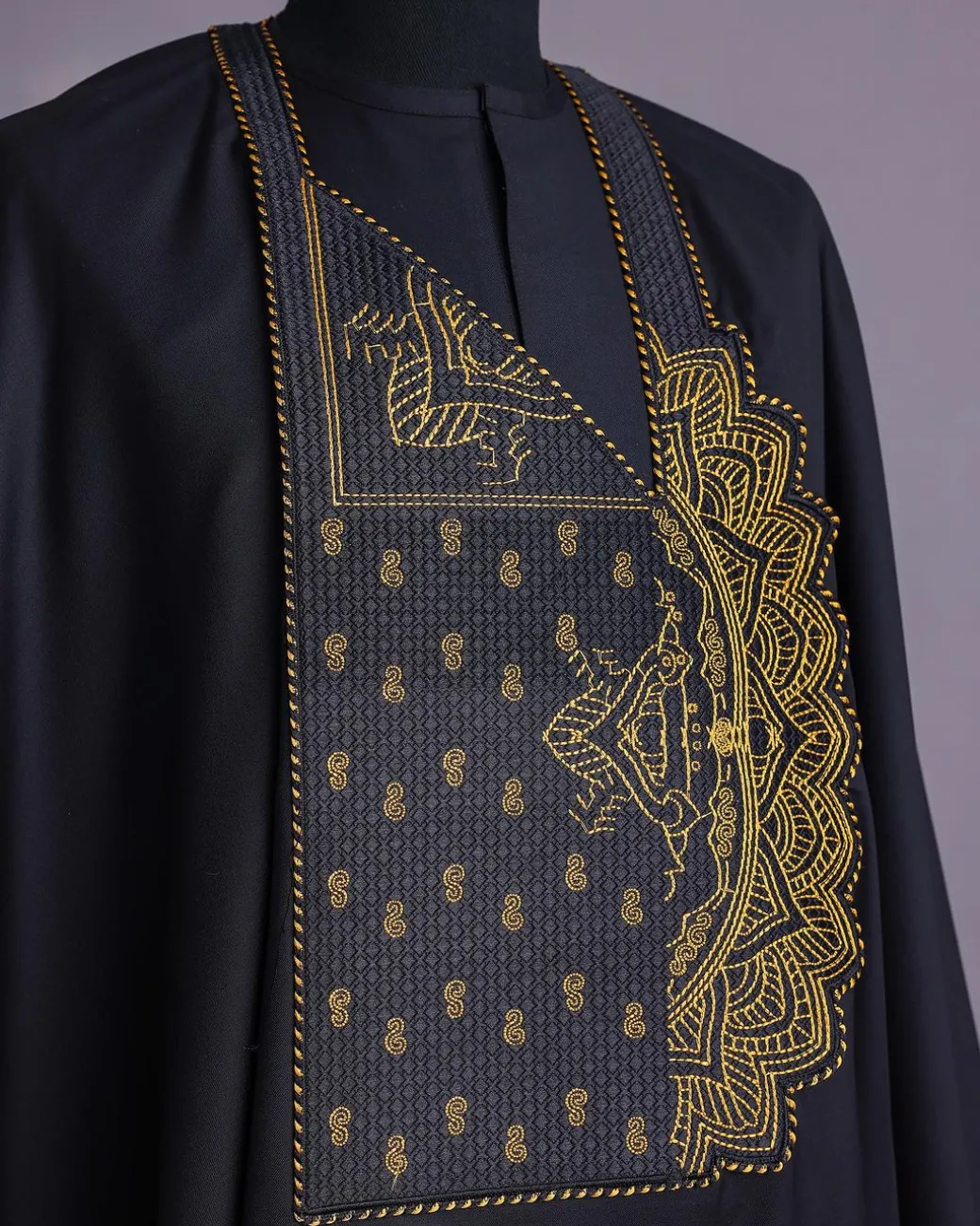 A Charcoal Black, Side Pagoda Embroidery Details Agbada