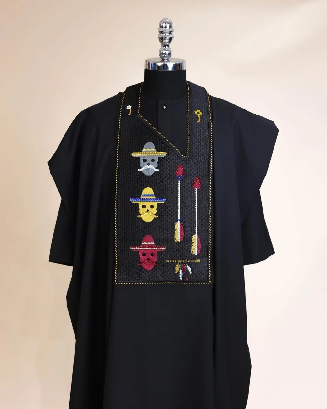 A Charcoal Black, skull And Arrow Metallic Wire Embroidery Gold And Silver Swarovski Stone Details Agbada