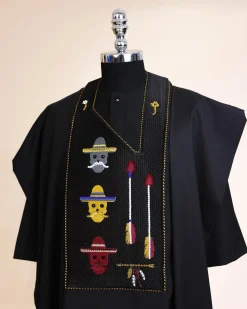 A Charcoal Black, skull And Arrow Metallic Wire Embroidery Gold And Silver Swarovski Stone Details Agbada