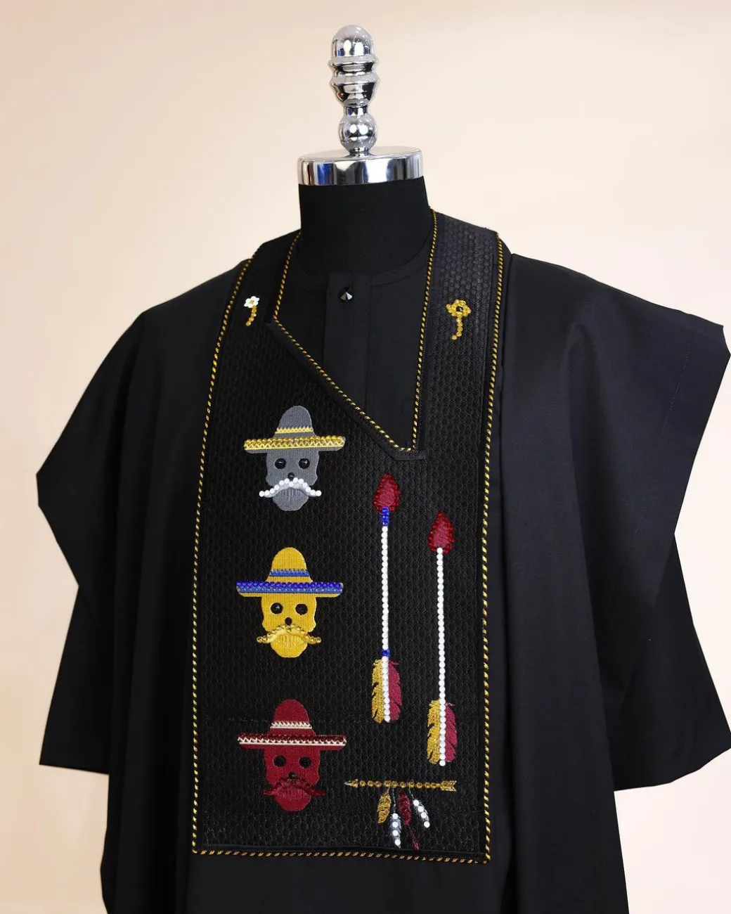 A Charcoal Black, skull And Arrow Metallic Wire Embroidery Gold And Silver Swarovski Stone Details Agbada