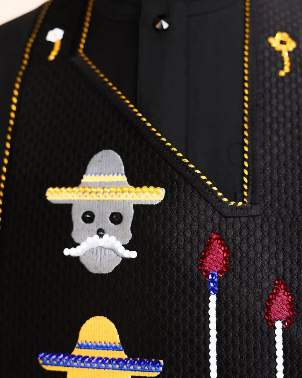 A Charcoal Black, skull And Arrow Metallic Wire Embroidery Gold And Silver Swarovski Stone Details Agbada