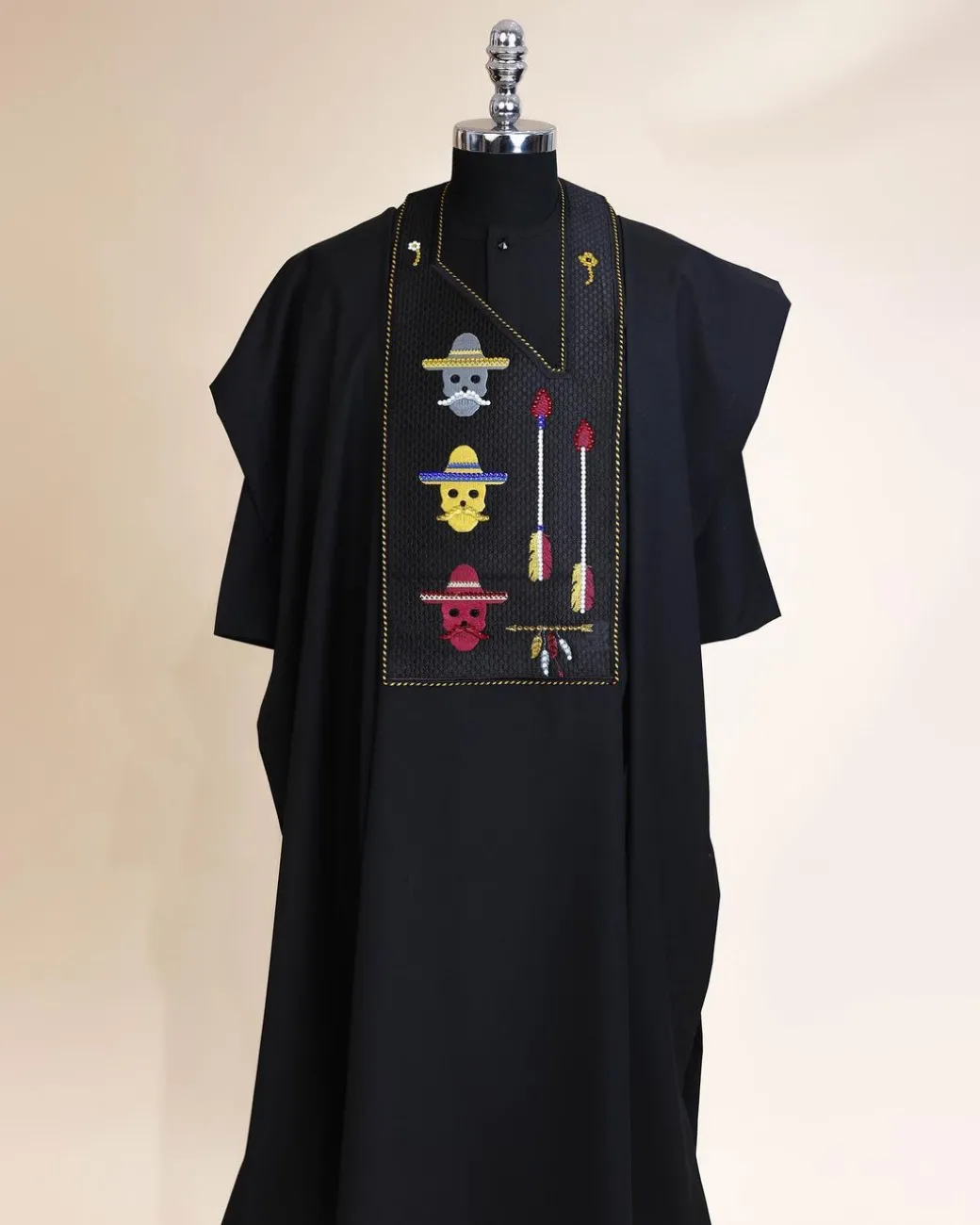 A Charcoal Black, skull And Arrow Metallic Wire Embroidery Gold And Silver Swarovski Stone Details Agbada