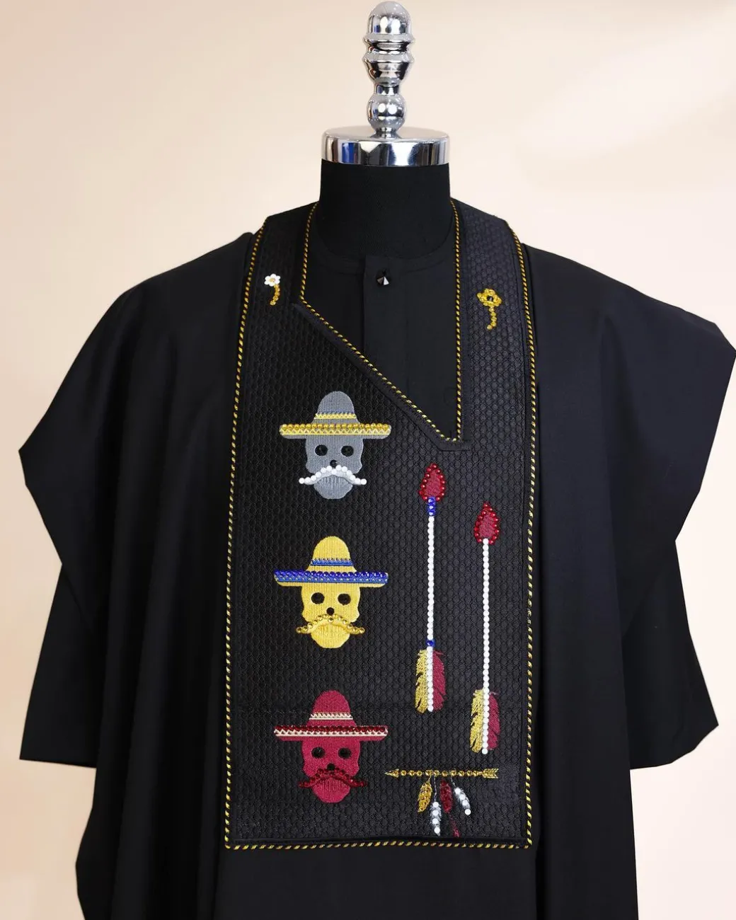 A Charcoal Black, skull And Arrow Metallic Wire Embroidery Gold And Silver Swarovski Stone Details Agbada