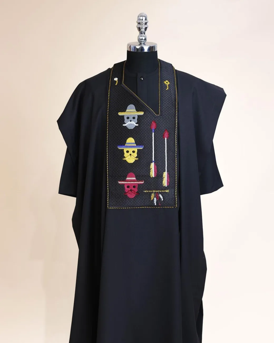 A Charcoal Black, skull And Arrow Metallic Wire Embroidery Gold And Silver Swarovski Stone Details Agbada