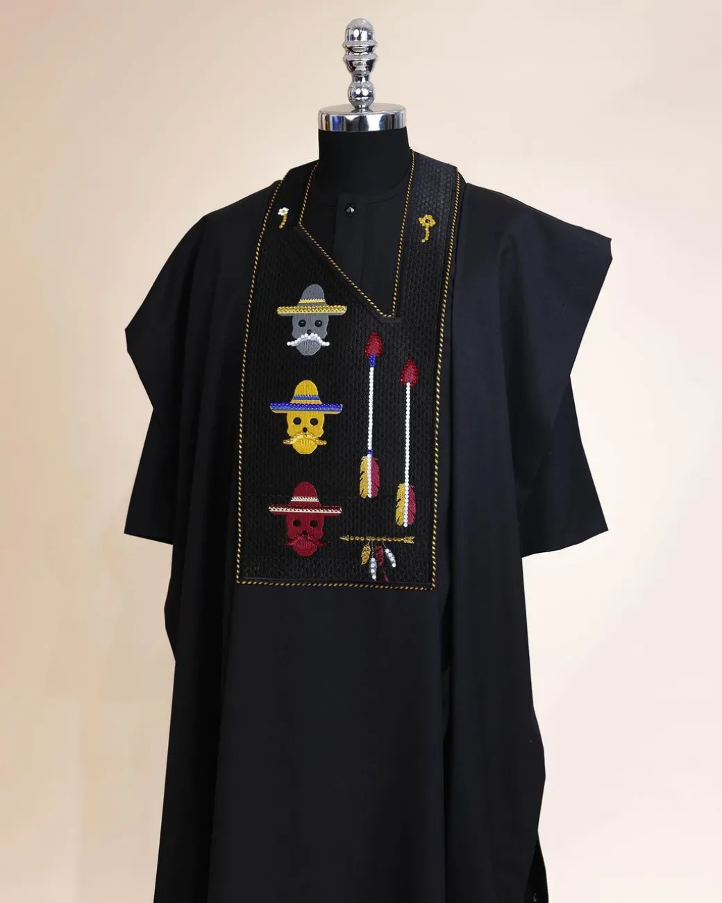 A Charcoal Black, skull And Arrow Metallic Wire Embroidery Gold And Silver Swarovski Stone Details Agbada