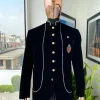 A charcoal black Soaked Italian velvet, long sleeve with woven white tread taping safari suit