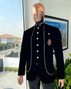 A charcoal black Soaked Italian velvet, long sleeve with woven white tread taping safari suit