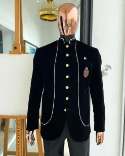 A charcoal black Soaked Italian velvet, long sleeve with woven white tread taping safari suit