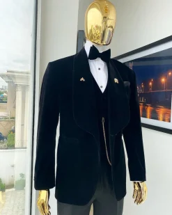 A Charcoal Black Soaked Velvet Tuxedo Suit