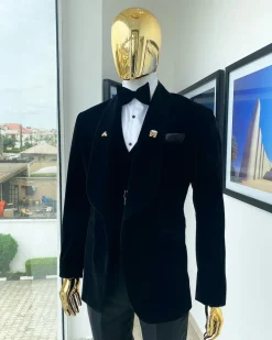 A Charcoal Black Soaked Velvet Tuxedo Suit