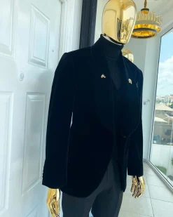 A Charcoal Black, Soaked Velvet Shawl Lapel Tuxedo Suit
