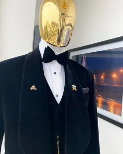 A Charcoal Black Soaked Velvet Tuxedo Suit