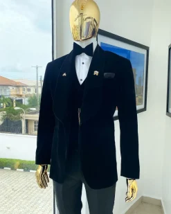 A Charcoal Black Soaked Velvet Tuxedo Suit