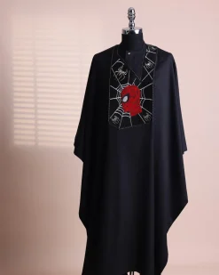A charcoal black, “Spider-Man” embroidery details agbada, 3/4 sleeve kaftan & sokoto