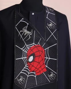 A charcoal black, “Spider-Man” embroidery details agbada, 3/4 sleeve kaftan & sokoto
