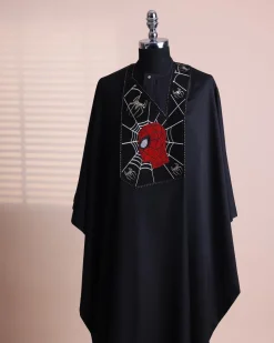 A charcoal black, “Spider-Man” embroidery details agbada, 3/4 sleeve kaftan & sokoto