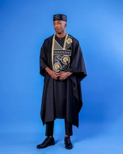 A Charcoal Black, Spiral & Floral Embroidery Details Agbada