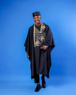 A Charcoal Black, Spiral & Floral Embroidery Details Agbada