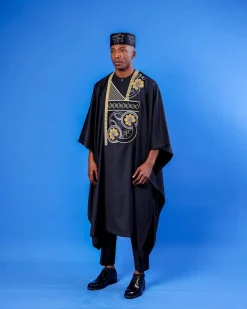 A Charcoal Black, Spiral & Floral Embroidery Details Agbada