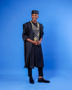 A Charcoal Black, Spiral & Floral Embroidery Details Agbada